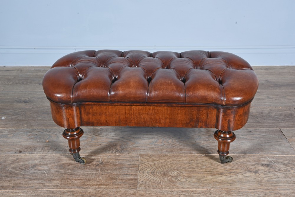 Victorian walnut & buttoned brown leather stool  View III