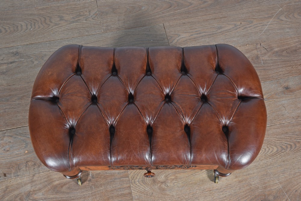 Victorian walnut & buttoned brown leather stool  View IV