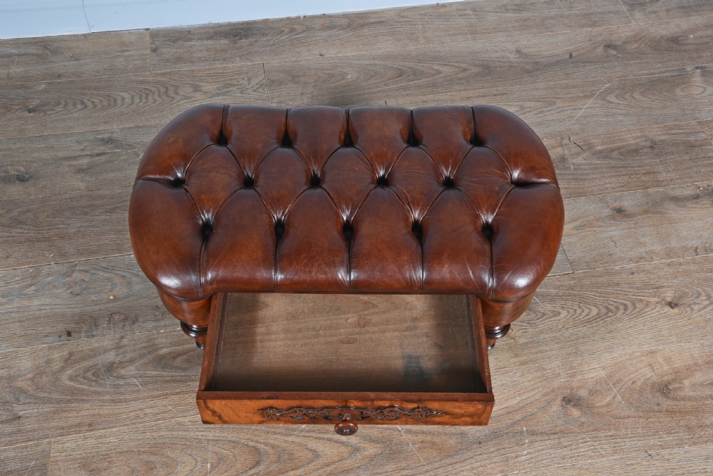 Victorian walnut & buttoned brown leather stool  View V