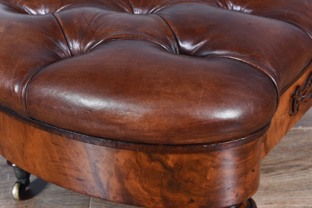 Victorian walnut & buttoned brown leather stool  View VI