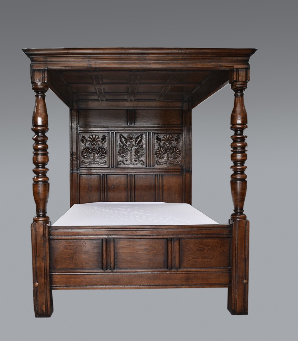 carved oak 17th century style four poster bed  View II