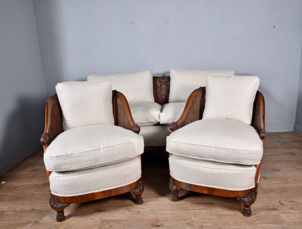 Antique carved walnut bergere suite sofa pair of chairs 