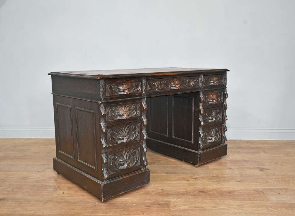 carved oak green man pedestal desk  View II