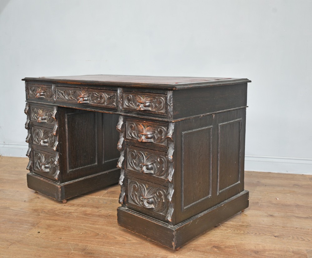 carved oak green man pedestal desk  View III