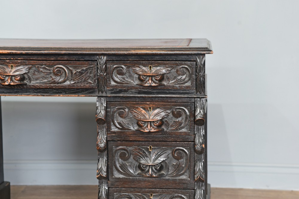 carved oak green man pedestal desk  View IV
