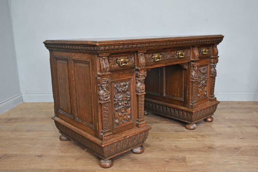 Victorian carved oak pedestal desk  View II