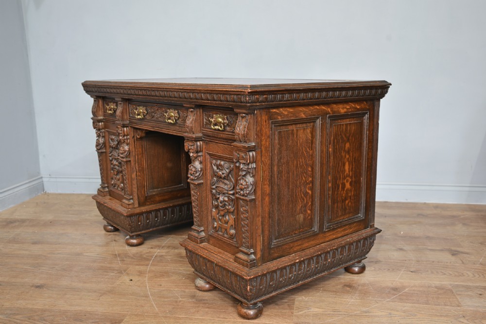 Victorian carved oak pedestal desk  View III