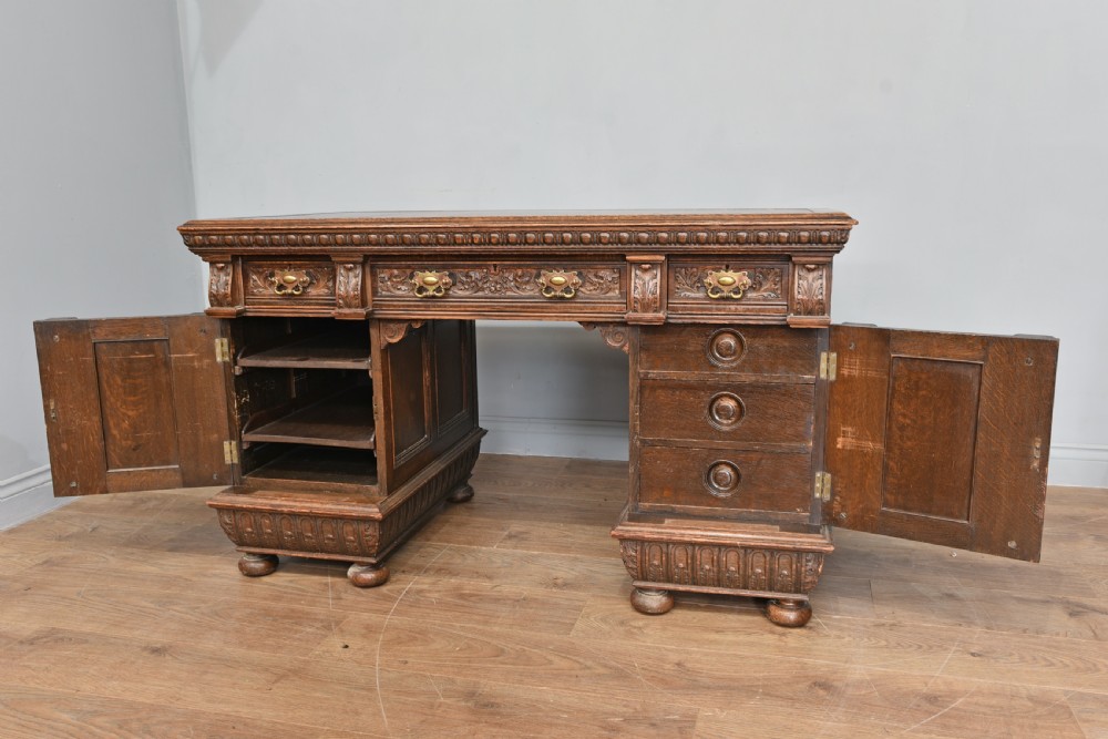 Victorian carved oak pedestal desk  View IV