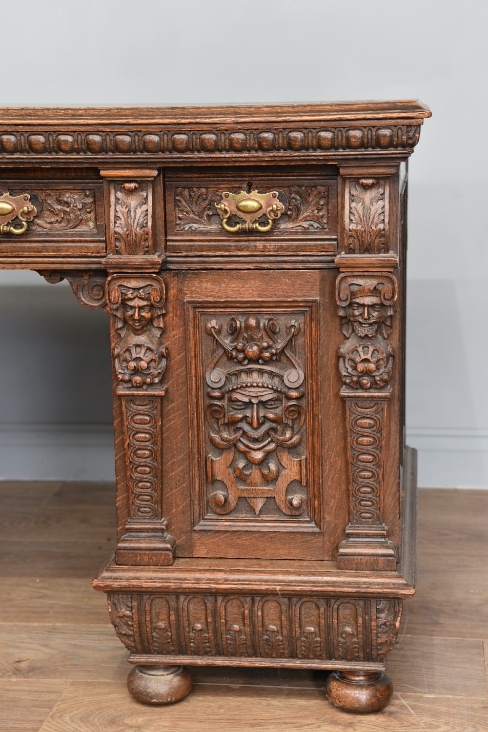 Victorian carved oak pedestal desk  View V