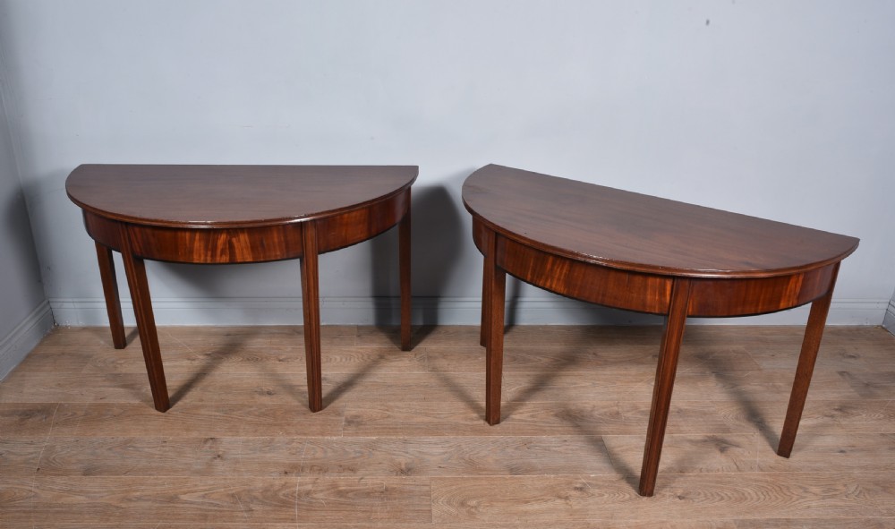 Antique pair of georgian mahogany demi lune console tables  View II