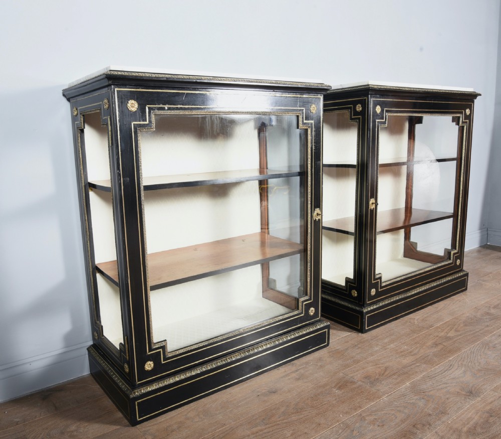 Antique pair of Regency brass inlayed marble top pier cabinets  View II