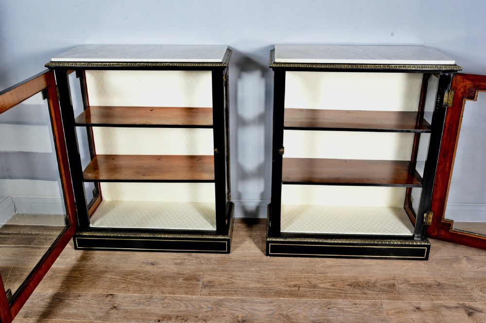 Antique pair of Regency brass inlayed marble top pier cabinets  View III
