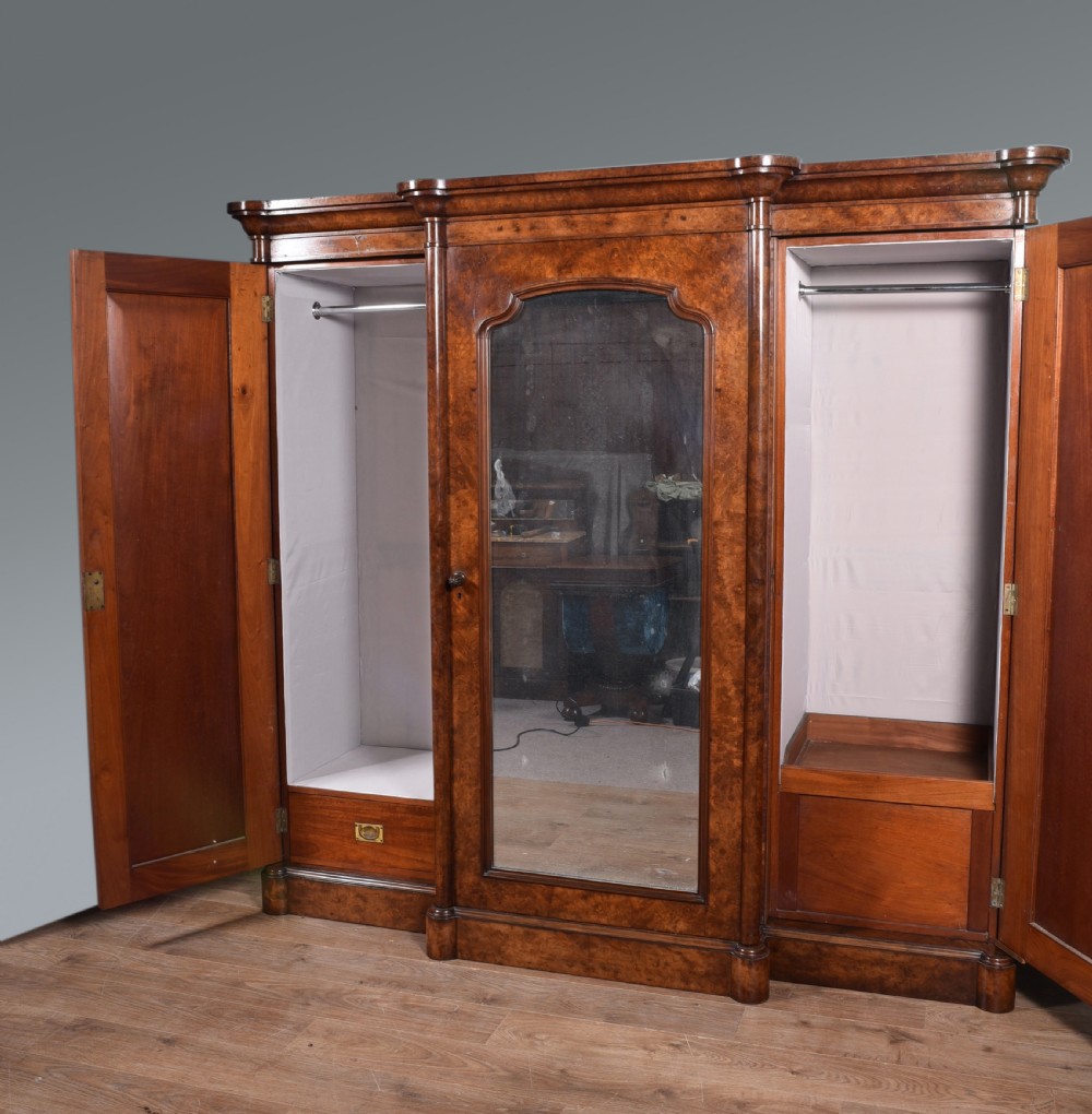 Large antique walnut breakfront triple wardrobe  View II