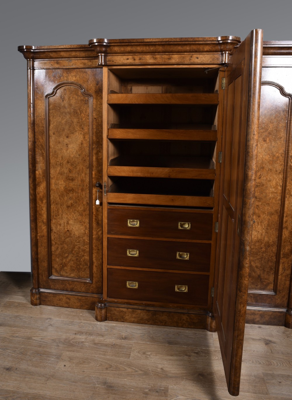 Large antique walnut breakfront triple wardrobe  View V
