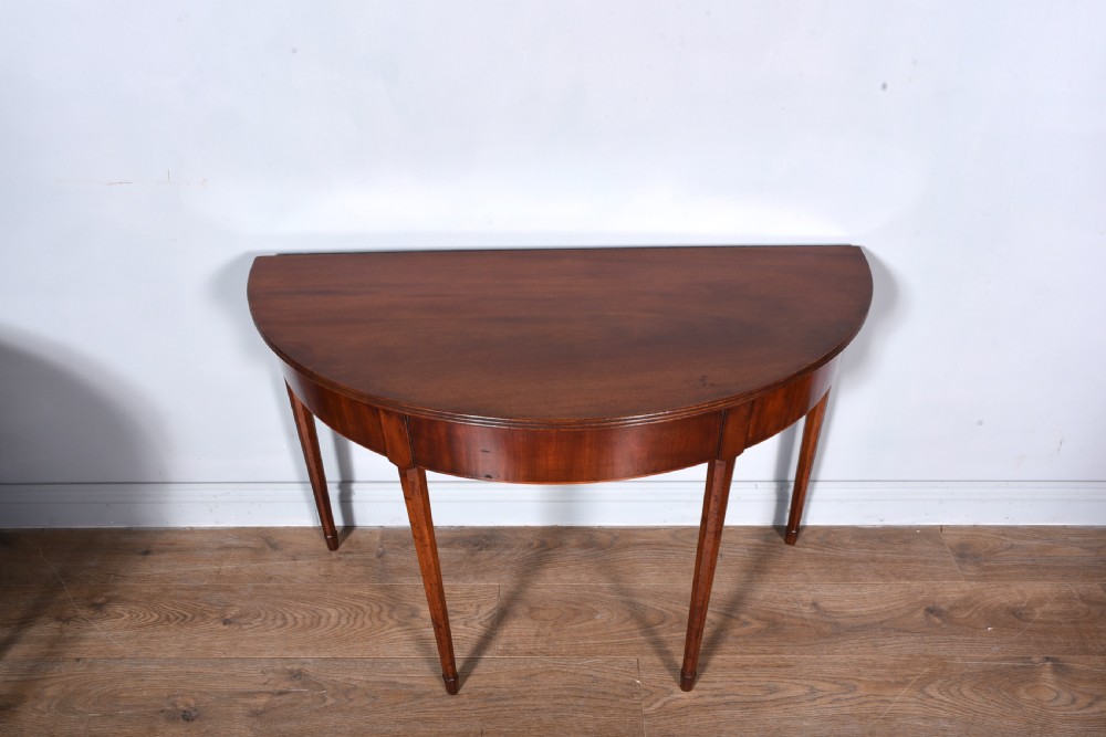 Antique pair of Georgian mahogany demi lune console tables  View III