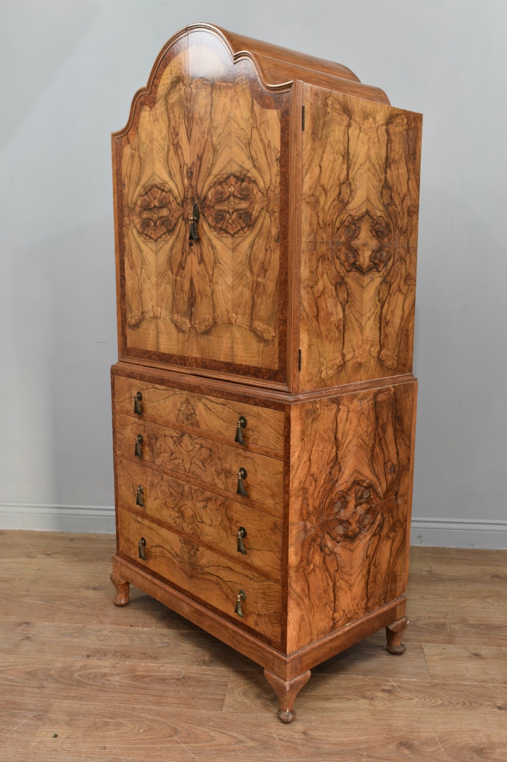 Antique walnut Queen Anne style tallboy drinks cabinet  View II