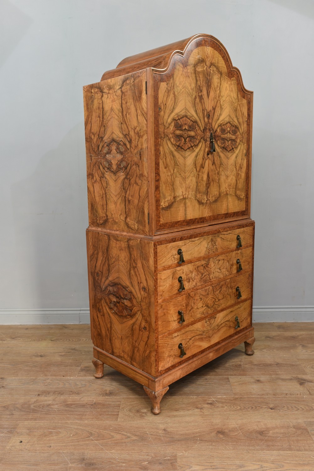 Antique walnut Queen Anne style tallboy drinks cabinet  View III