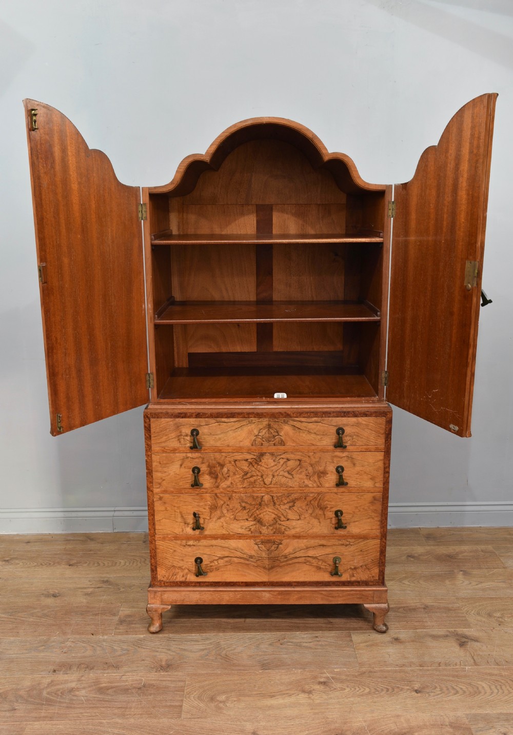 Antique walnut Queen Anne style tallboy drinks cabinet  View IV