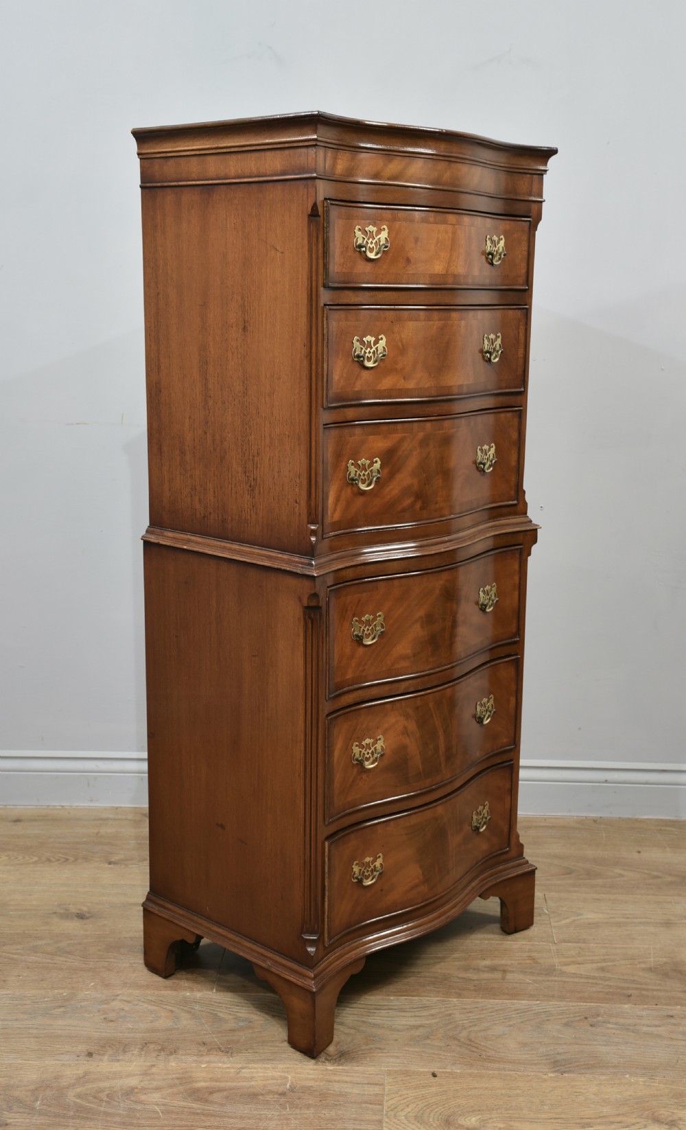 Antique Regency style mahogany serpentine tall boy chest on chest  View II