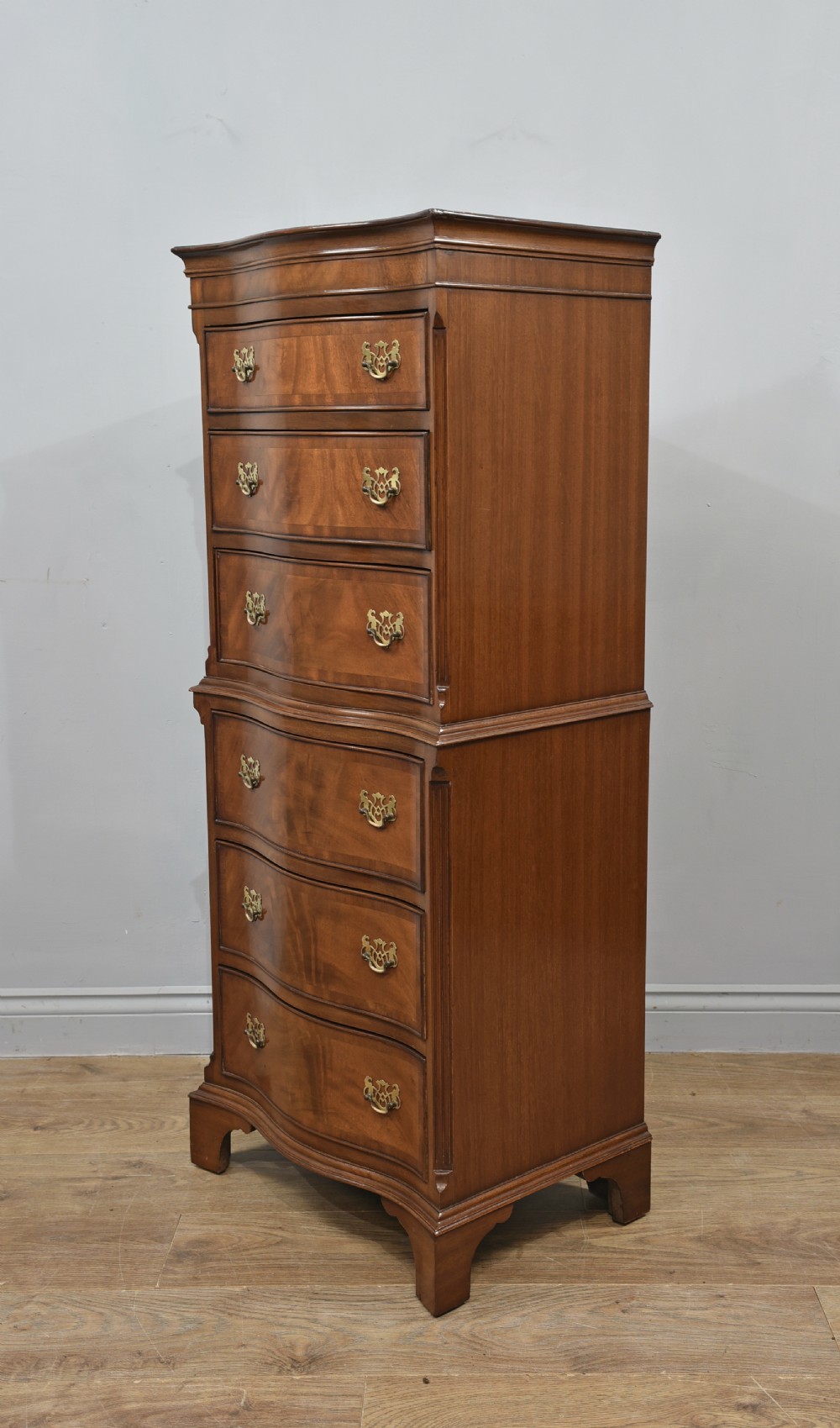 Antique Regency style mahogany serpentine tall boy chest on chest  View III