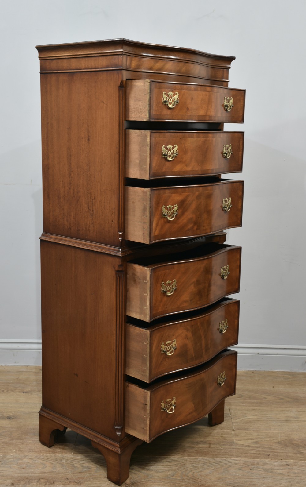 Antique Regency style mahogany serpentine tall boy chest on chest  View IV
