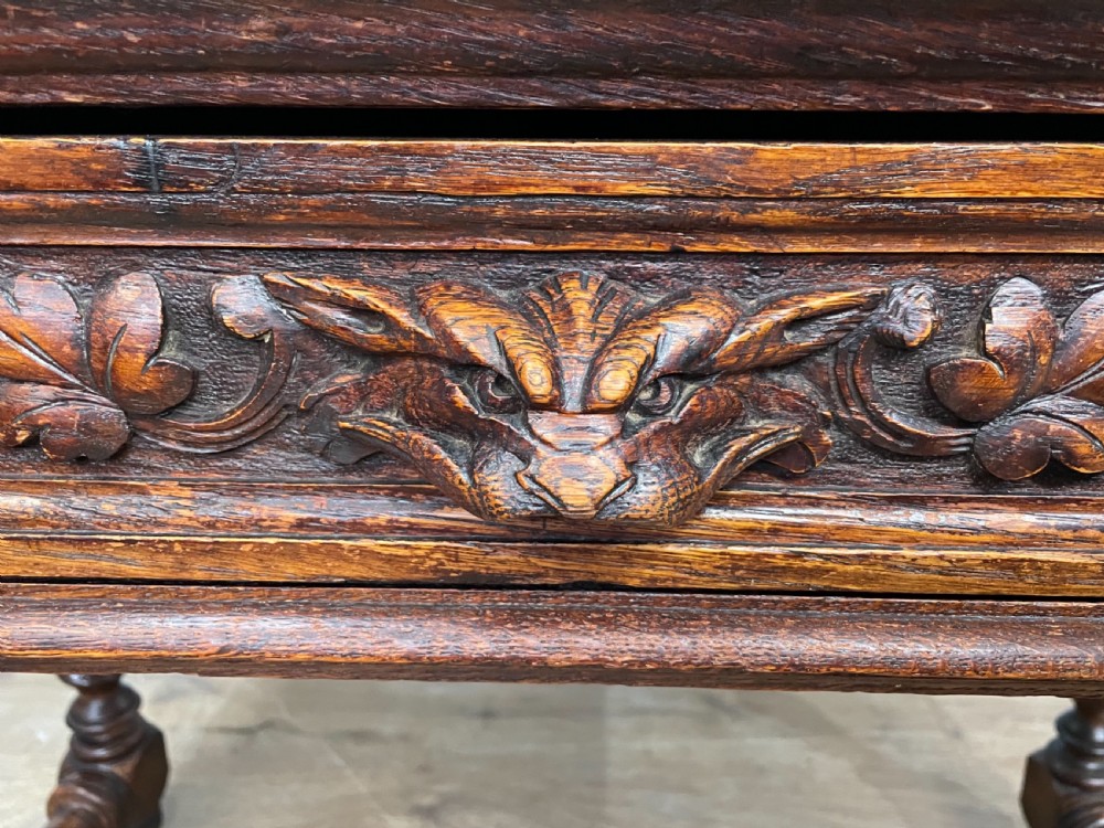 Carved oak Green man leather top desk  View VII