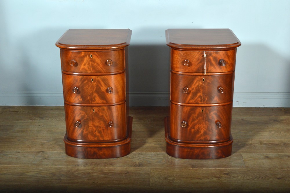 Antique pair of Victorian mahogany bow front bedside chests of drawers  View II