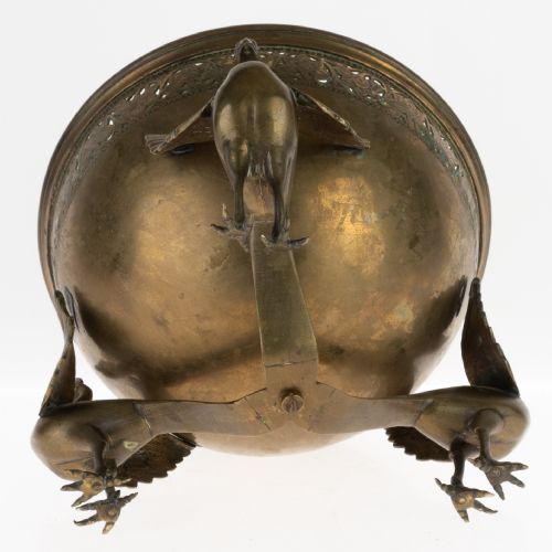 fig 2. An antique Indian bronze incense burner with a pierced domed lid, twin bird top finials, and three bird-shaped tripod legs.