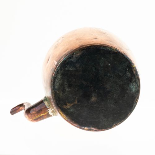 fig 1. A 19th-century Victorian copper kettle featuring a brass rim lid, finial top, gooseneck spout, and fixed overhead handle.