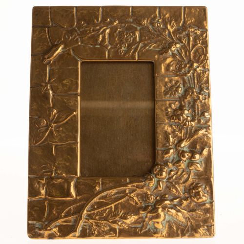 ART NOUVEAU BAS RELIEF BRASS BIRD & BUTTERFLY FLORAL PHOTOGRAPH FRAME 
