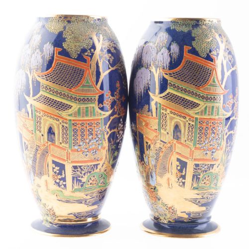ART DECO 1920'S CARLTON WARE HAND ENAMELED CHINOISERIE PORCELAIN VASES 