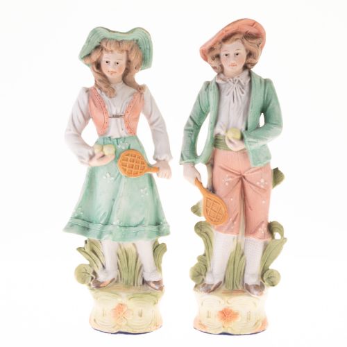 VICTORIAN BISQUE PORCELAIN TENNIS PLAYERS FIGURES 