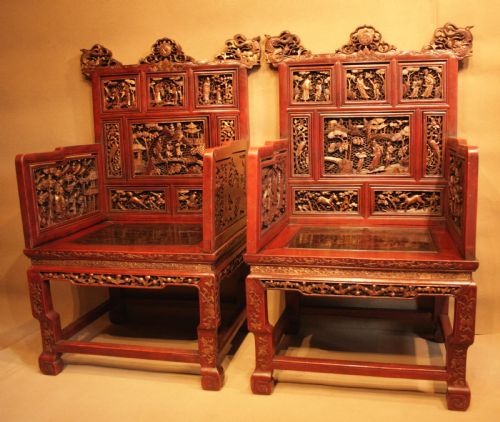 A  Highly Decorative Pair of Chinese Throne Chairs