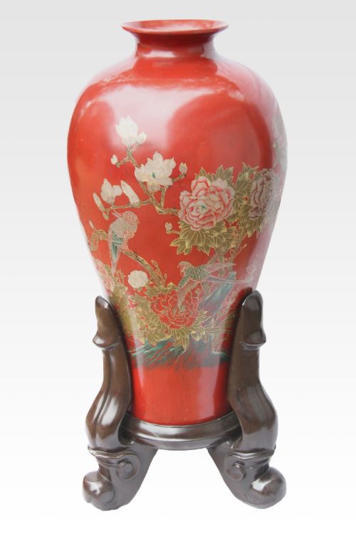 A Massive Chinese Red Lacquered Vase and Stand  Over a Meter Tall