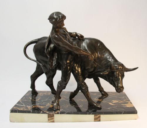 French Spelter  Sculpture  with Bull 20th  Century