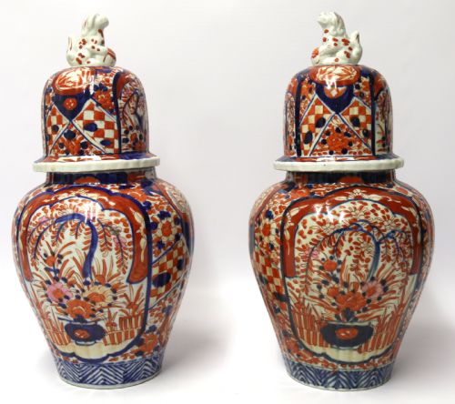 A Large Pair of Japanese Imari Ginger Jars with Covers