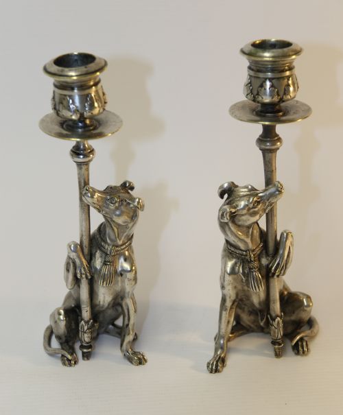 A Pair of English Novelty Grey Hound Candlesticks, Silvered Bronze