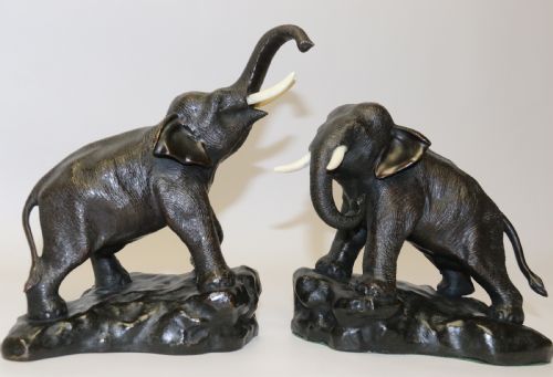 A Pair of Japanese Bronze Elephant Bookends Meiji Period, Signed.