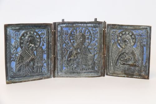 A 19th Century Russian Folding Bronze and Enamel Icon