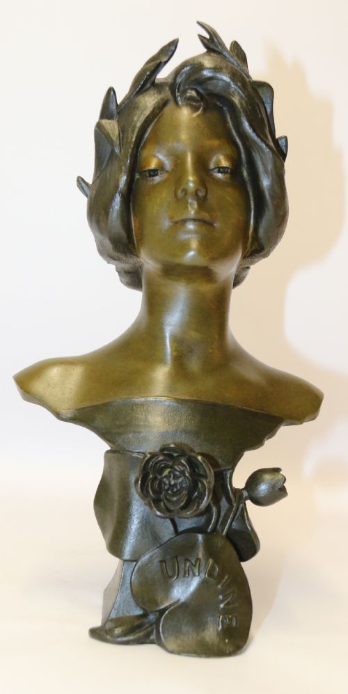 An Art Nouveau Spelter Bust of a Beautiful Young Woman Entitled Undine