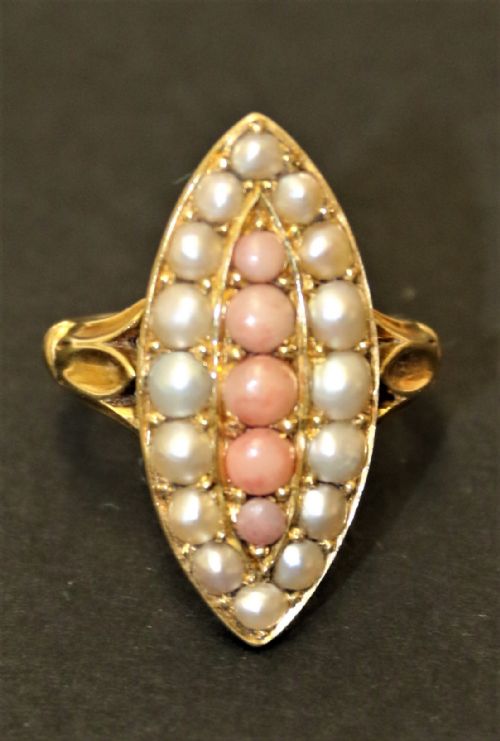 An Early Victorian 18 Ct. Coral and Pearl Cluster Ring.