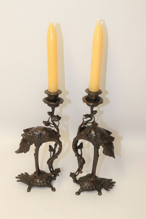 A Pair of French Bronze Candlesticks in the Form of Storks