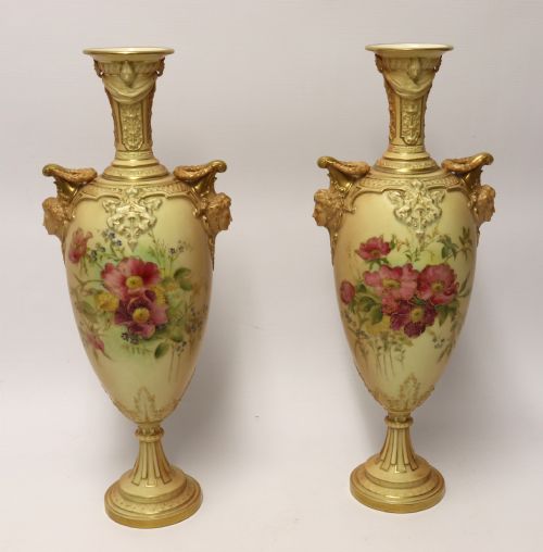 A Large Pair of Antique Royal Worcester Hand Painted Blush Ivory Pedestal Vases.