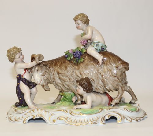 A Fine Porcelain Figure Group of Three Putti Wrestling with a Goat by Hochst Factory