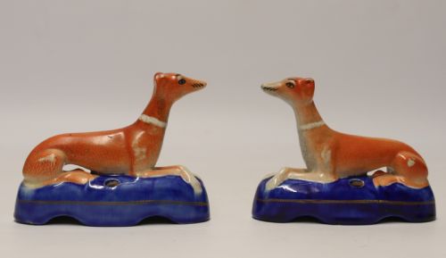 A Pair of English Staffordshire Pottery Grey Hound Dogs. Mid 19th C