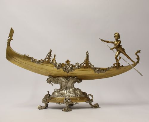A Fine Silver and Gilt Bronze Table Centre Piece in the Form of a Gondola