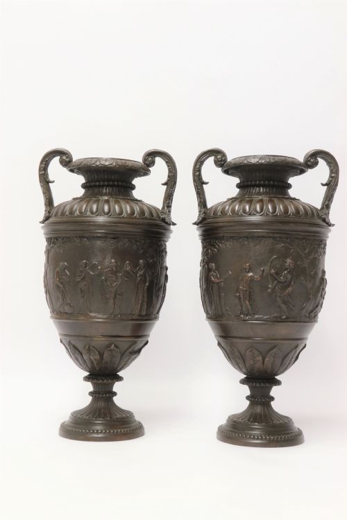 A Fine Pair of Grand Tour French 19th C Neoclassical Bronze Urns