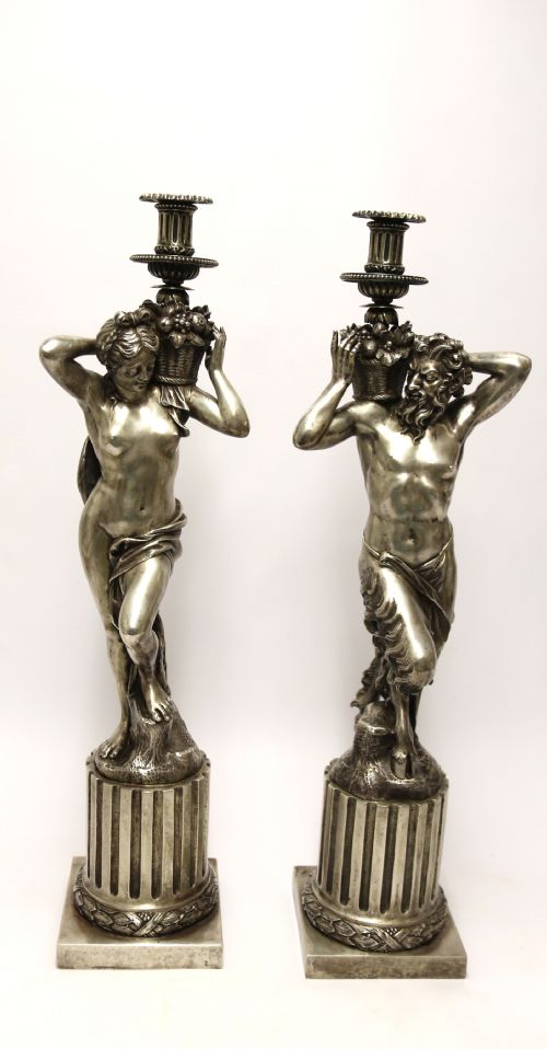A Large Pair of  19th C Silvered Bronze Classical Figurative Candlesticks
