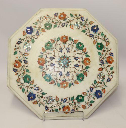 Indian White Marble Table Top Inlaid with Semi Precious Cut Stones, C 1900