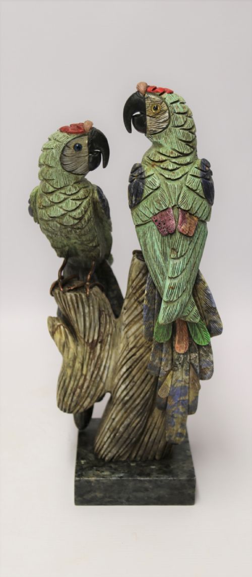 Large Chinese  Soapstone Sculpture of a Pair of Parrots.
